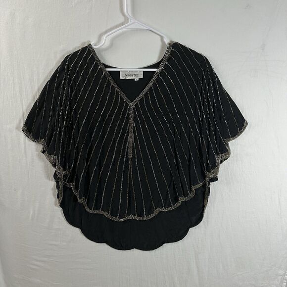 Vintage Women's Silk Blouse Black Gold Embroidered Beaded Scallop Edge Sz L - Picture 1 of 8